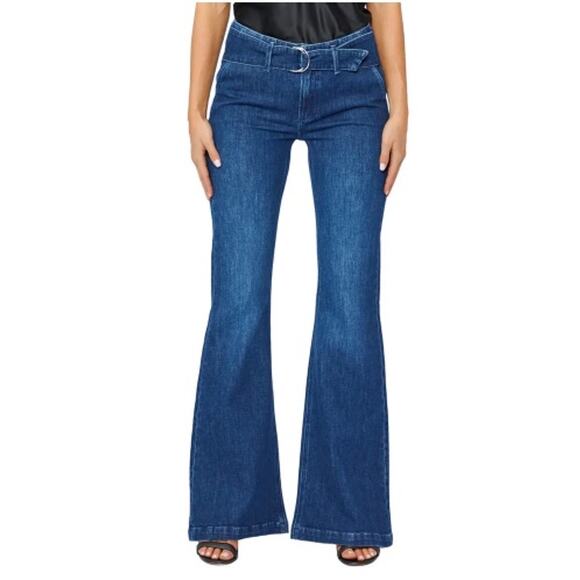 PAIGE Genevieve Jeans Women 27 High Rise Flare Belted Medium Indigo Cecilia - Picture 2 of 16